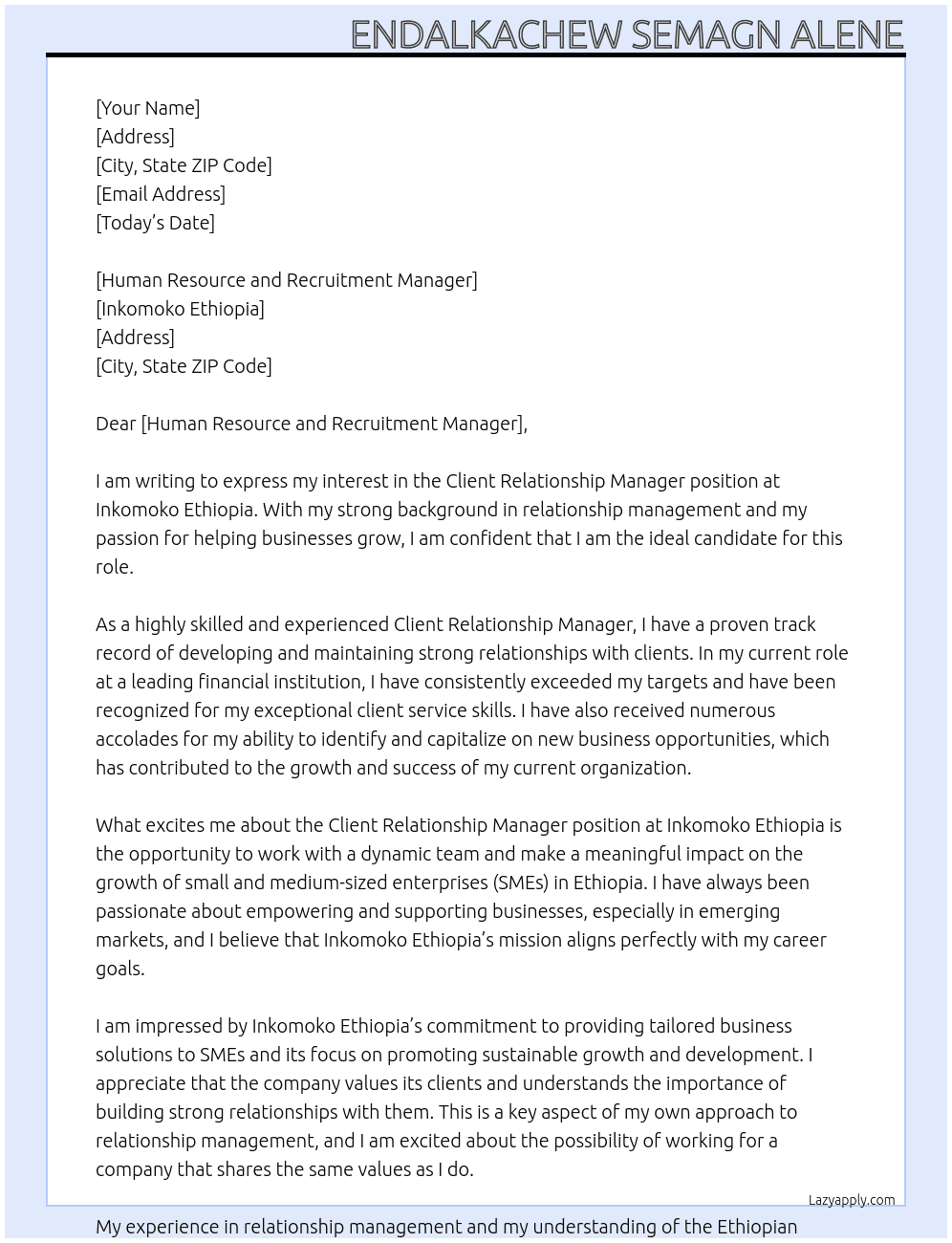 Client Relationship Manager At Inkomoko Ethiopia Cover Letter
