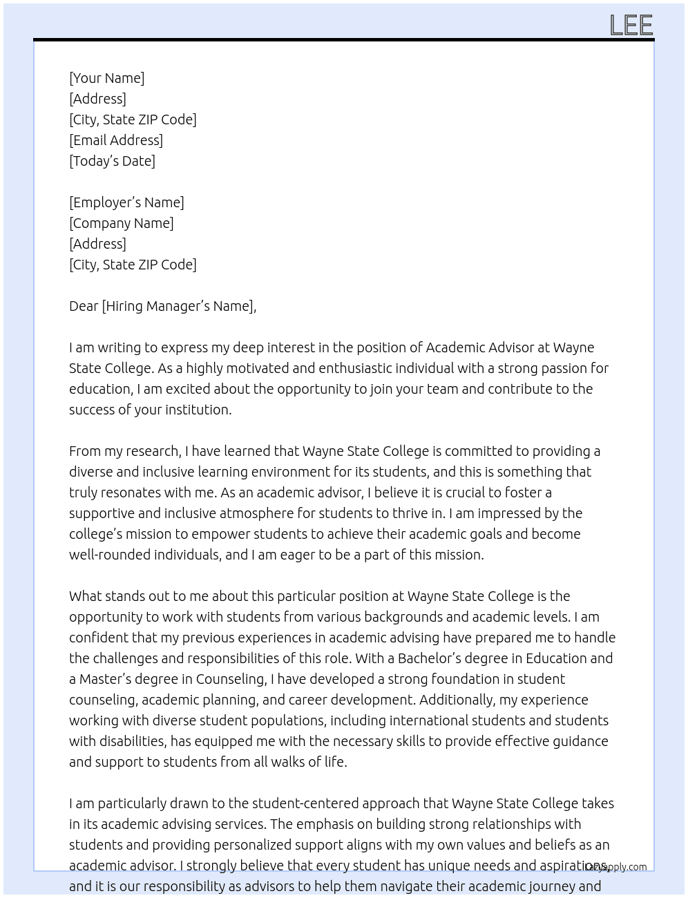 academic advisor At Wayne state college Cover Letter