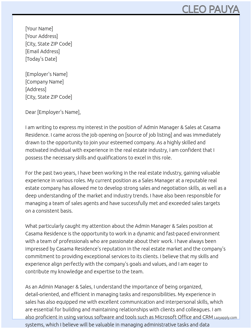 Admin Manager & Sales At Casama Residence Cover Letter