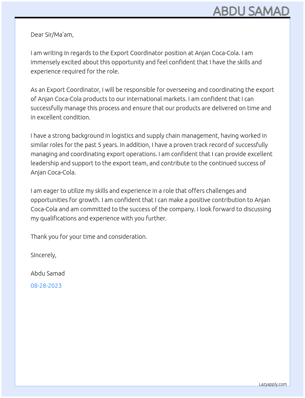 Export Coordinator At Anjan Coca-Cola Cover Letter