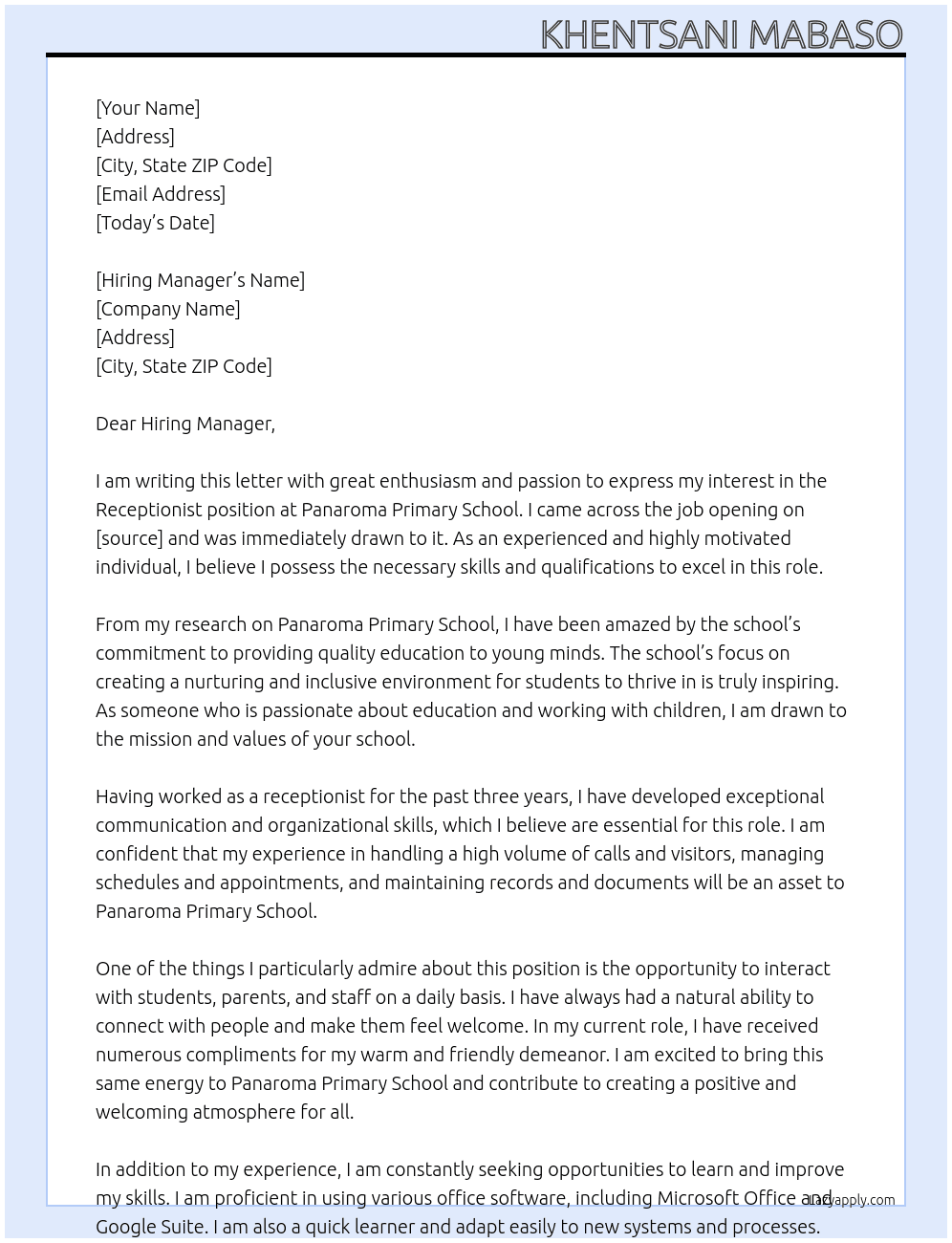 receptionist At Panaroma Primary School Cover Letter