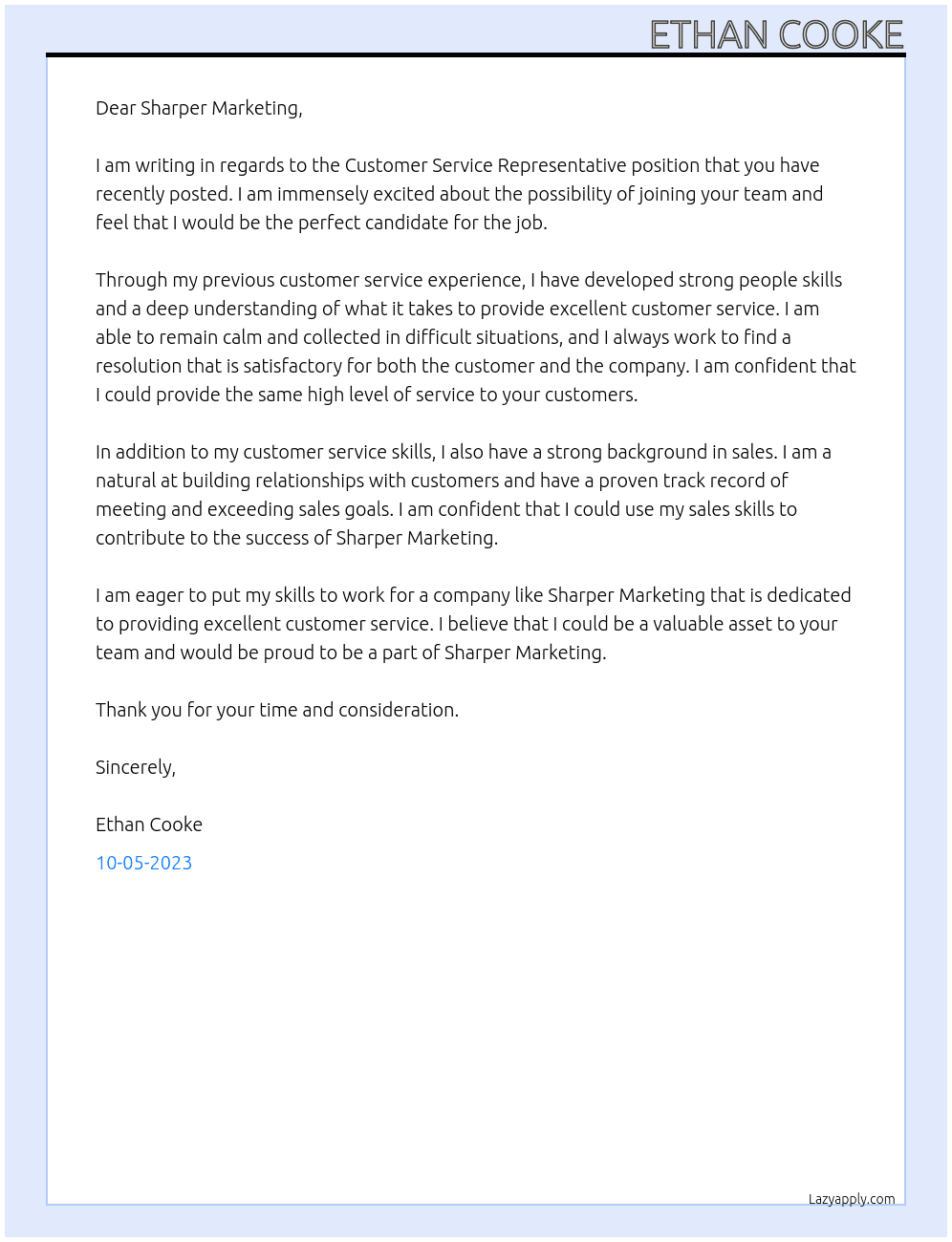 Customer Service Representative  At Sharper Marketing Cover Letter
