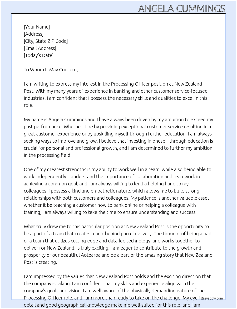  PROCESSING OFFICER At New Zealand Post Cover Letter