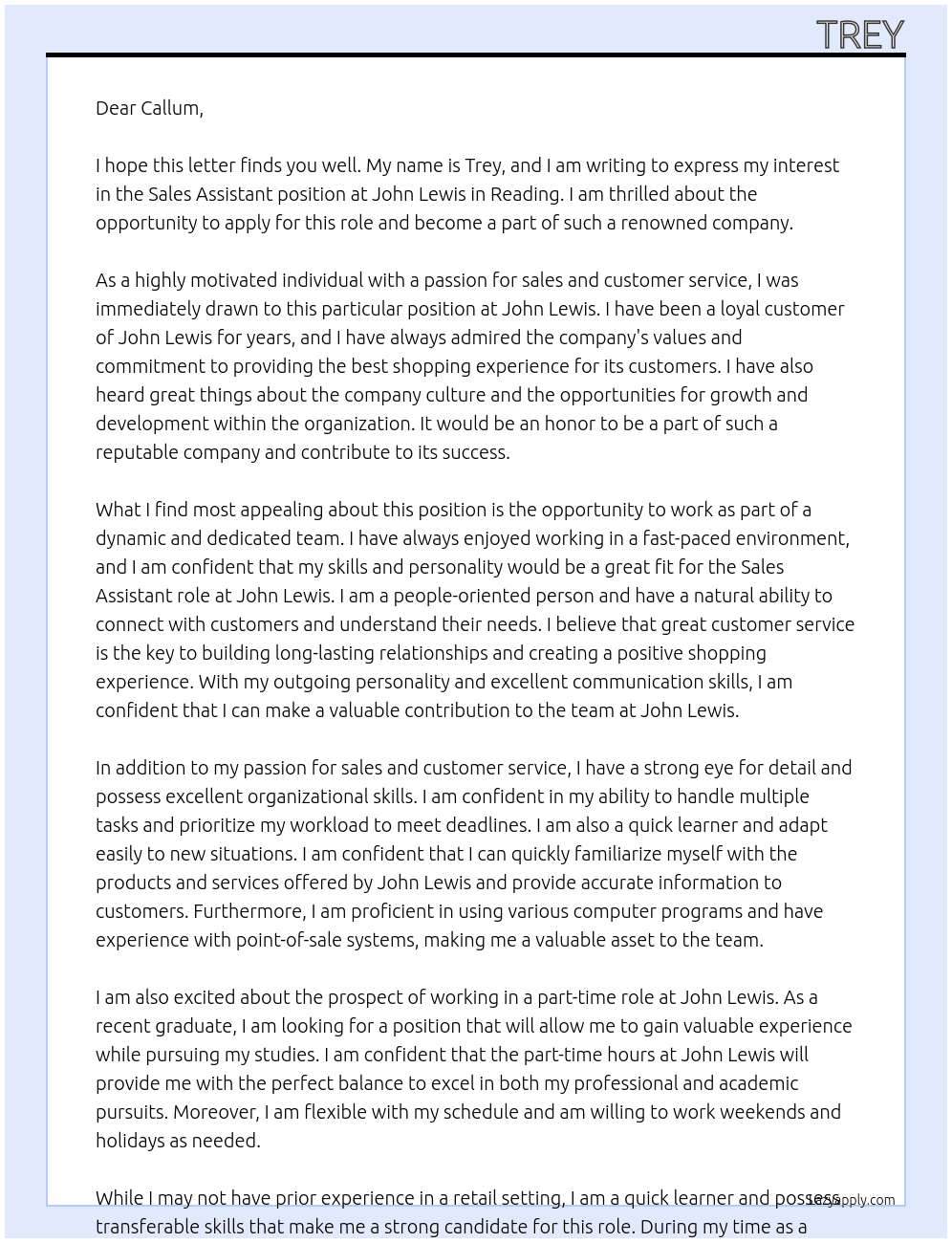 Sales Assistant At John Lewis Cover Letter