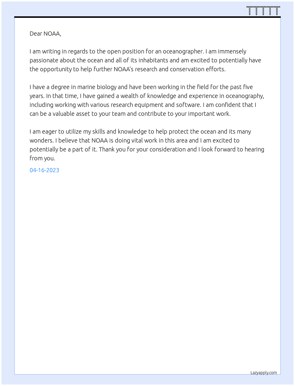 Oceanographer  At NOAA Cover Letter