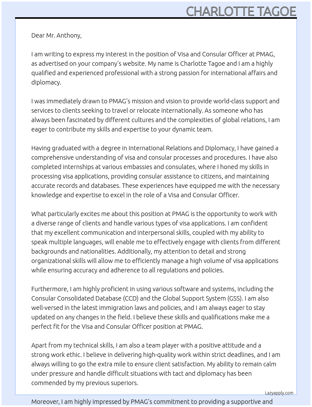 visa and consular officer At PMAG Cover Letter