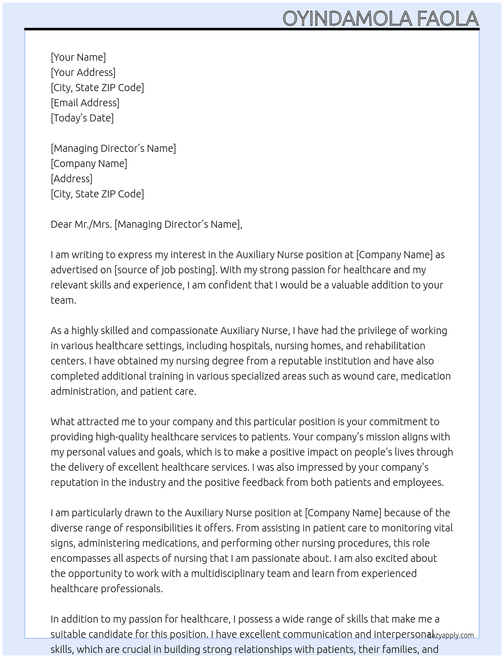 Auxiliary nurse At Pharmacy  Cover Letter