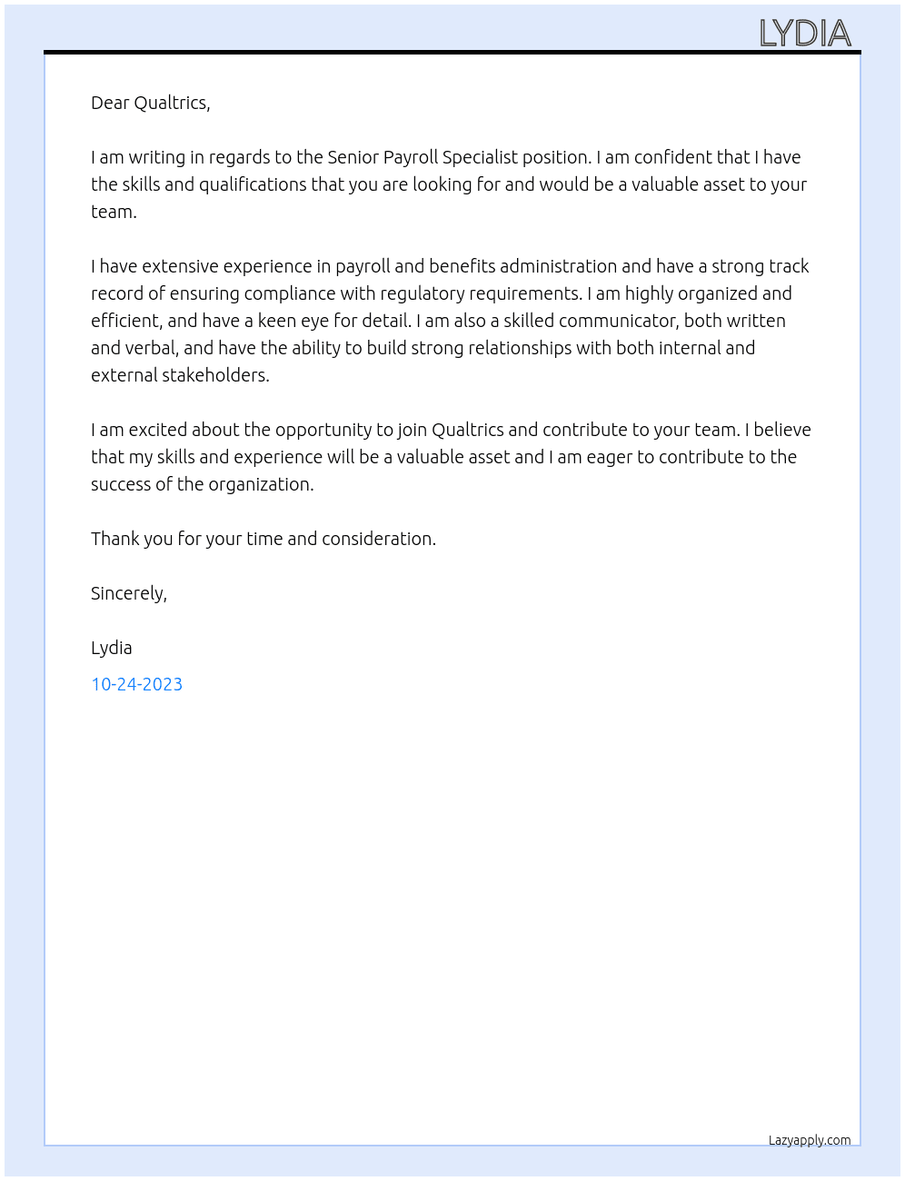Senior Payroll Specialist At Qualtrics Cover Letter