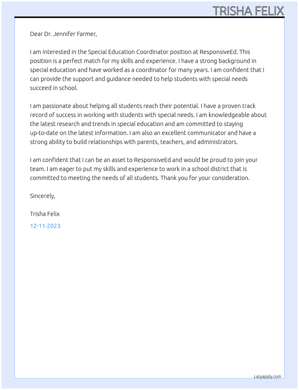 Special Education Coordinator At ResponsiveEd Cover Letter