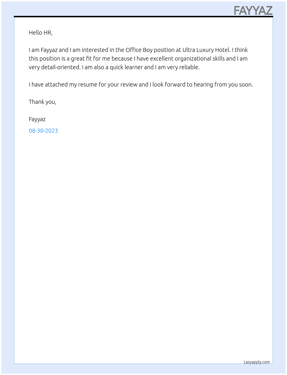 Office Boy At Ultra Luxury Hotel Cover Letter