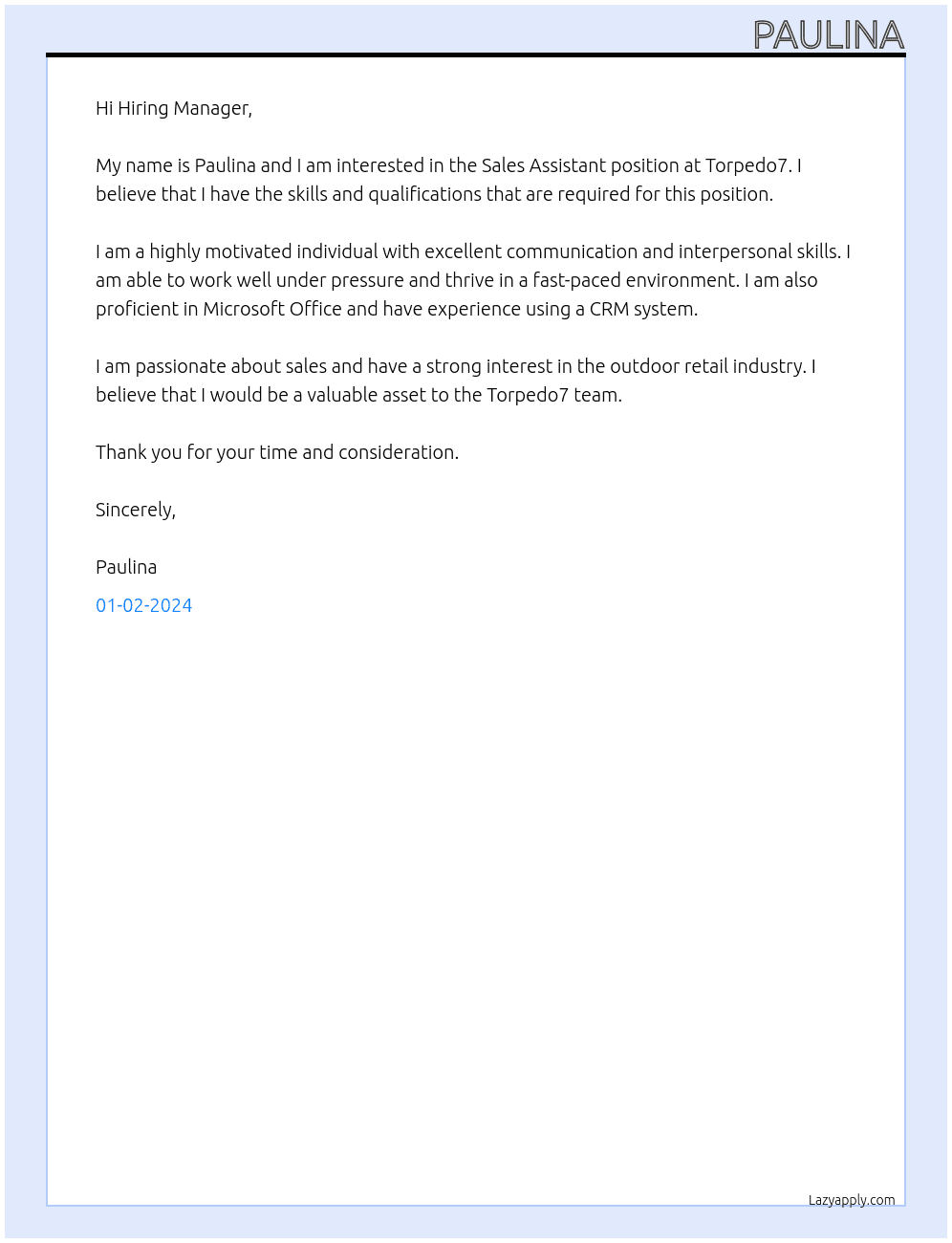 sales assistant At Torpedo7 Cover Letter