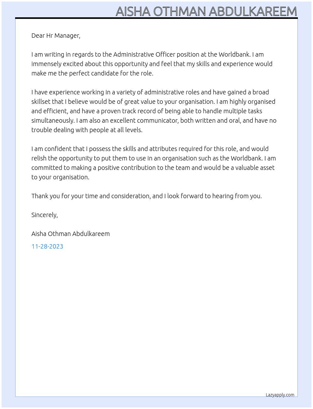 Administrative officer At Worldbank Cover Letter