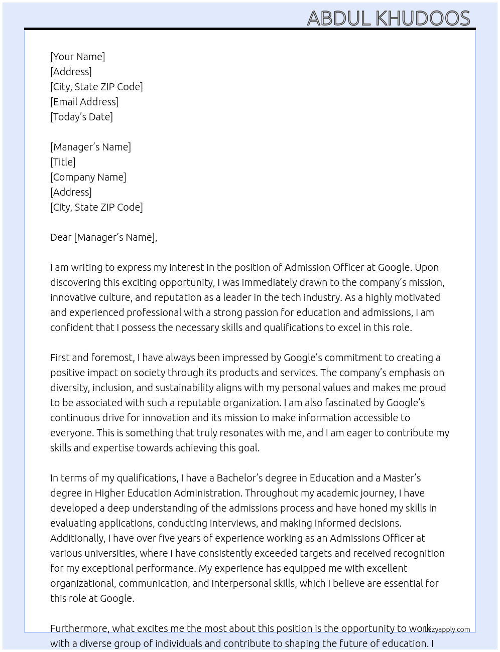 Admission officer At Google Cover Letter