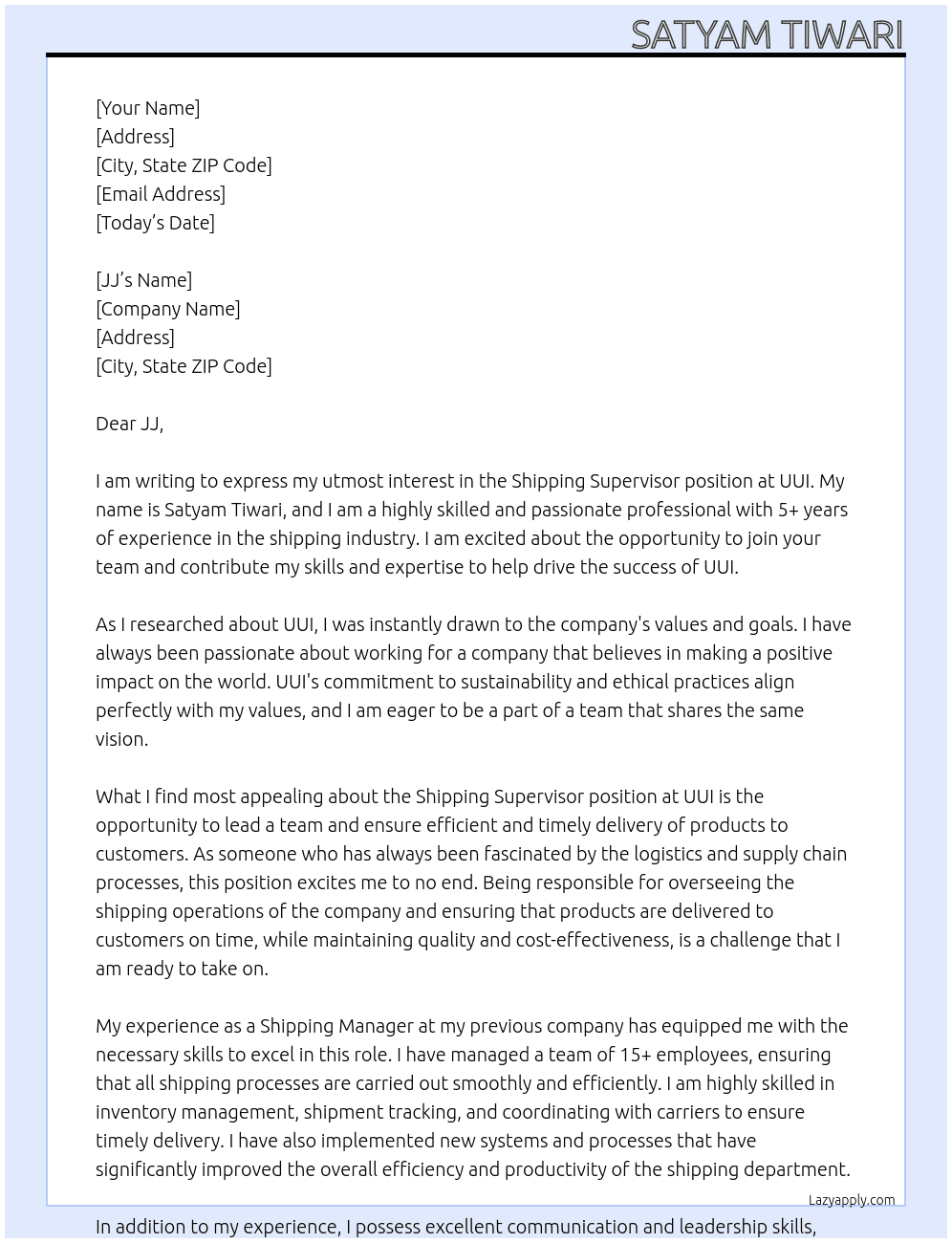 shipping supervisor  At uui Cover Letter