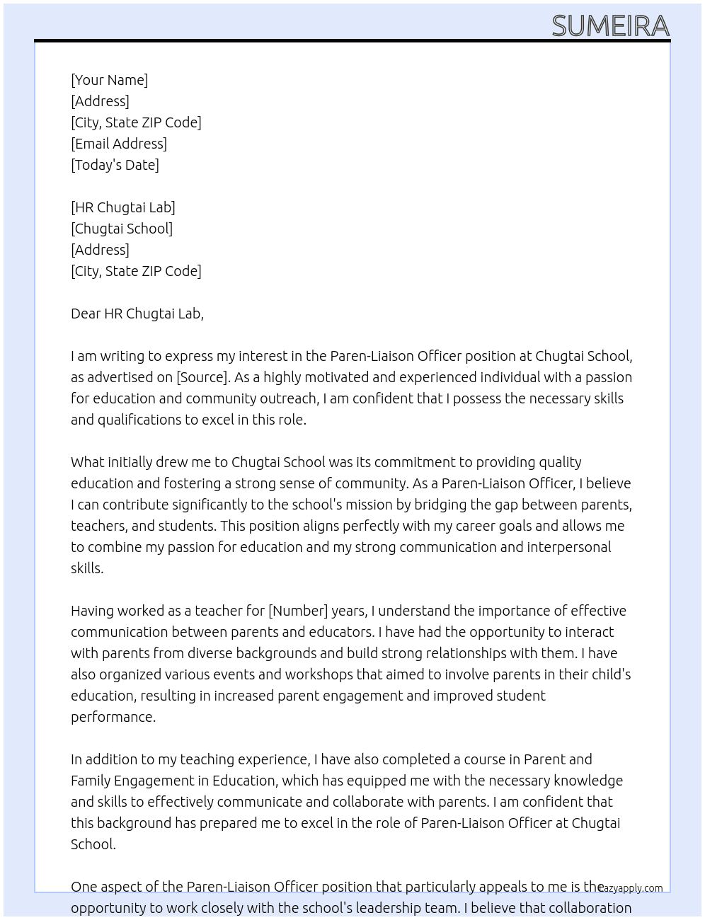 Paren-Liaison Officer At chugtai school Cover Letter