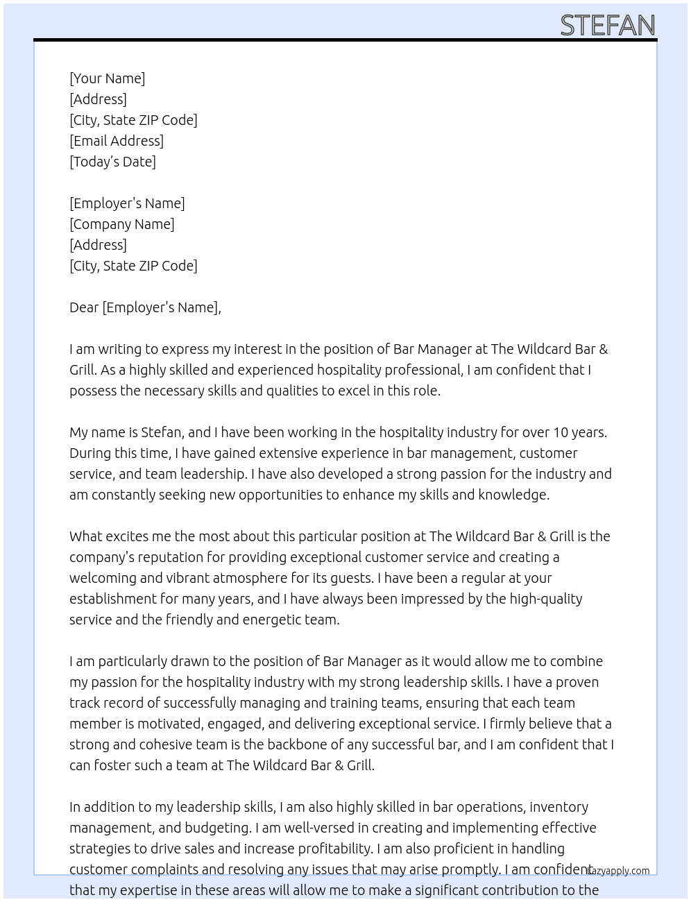 Bar manager  At The wildcard bar & grill Cover Letter