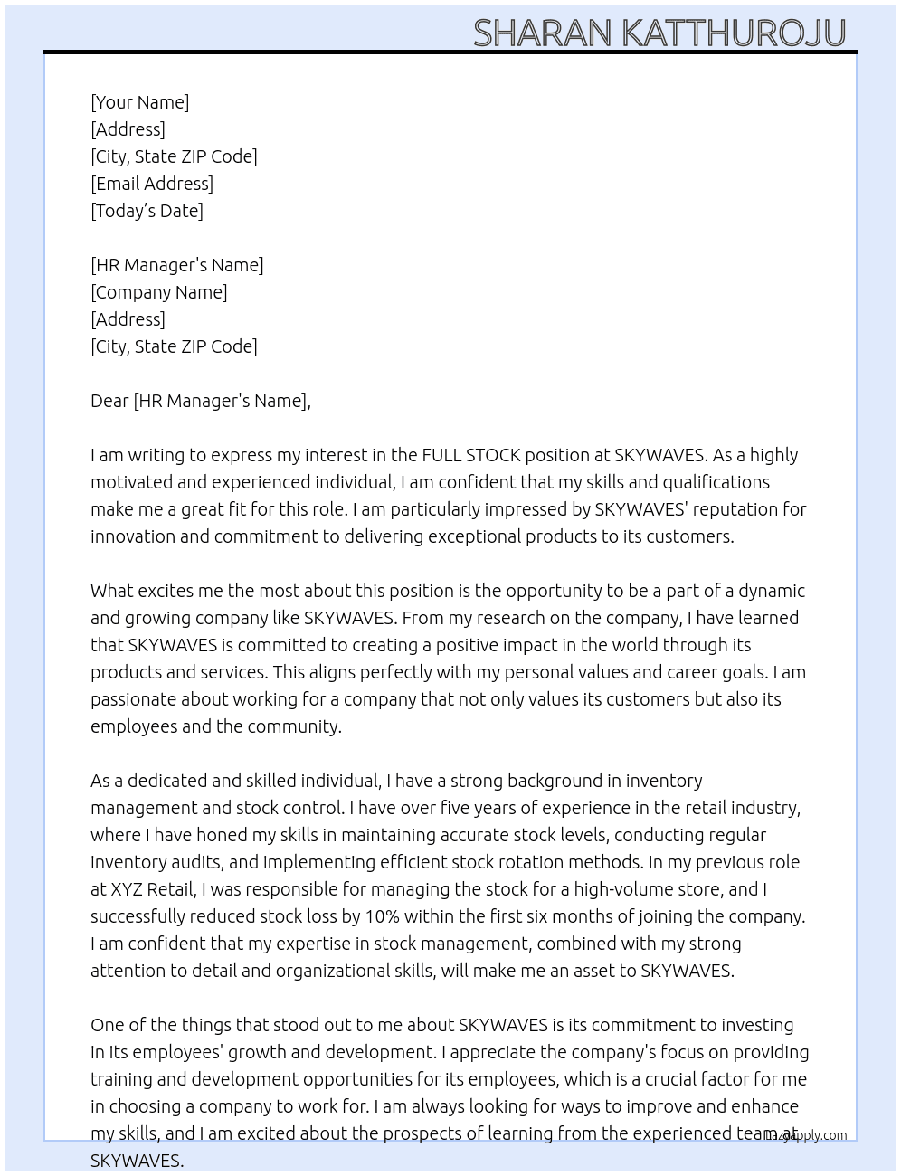 FULL STOCK At SKYWAVES Cover Letter