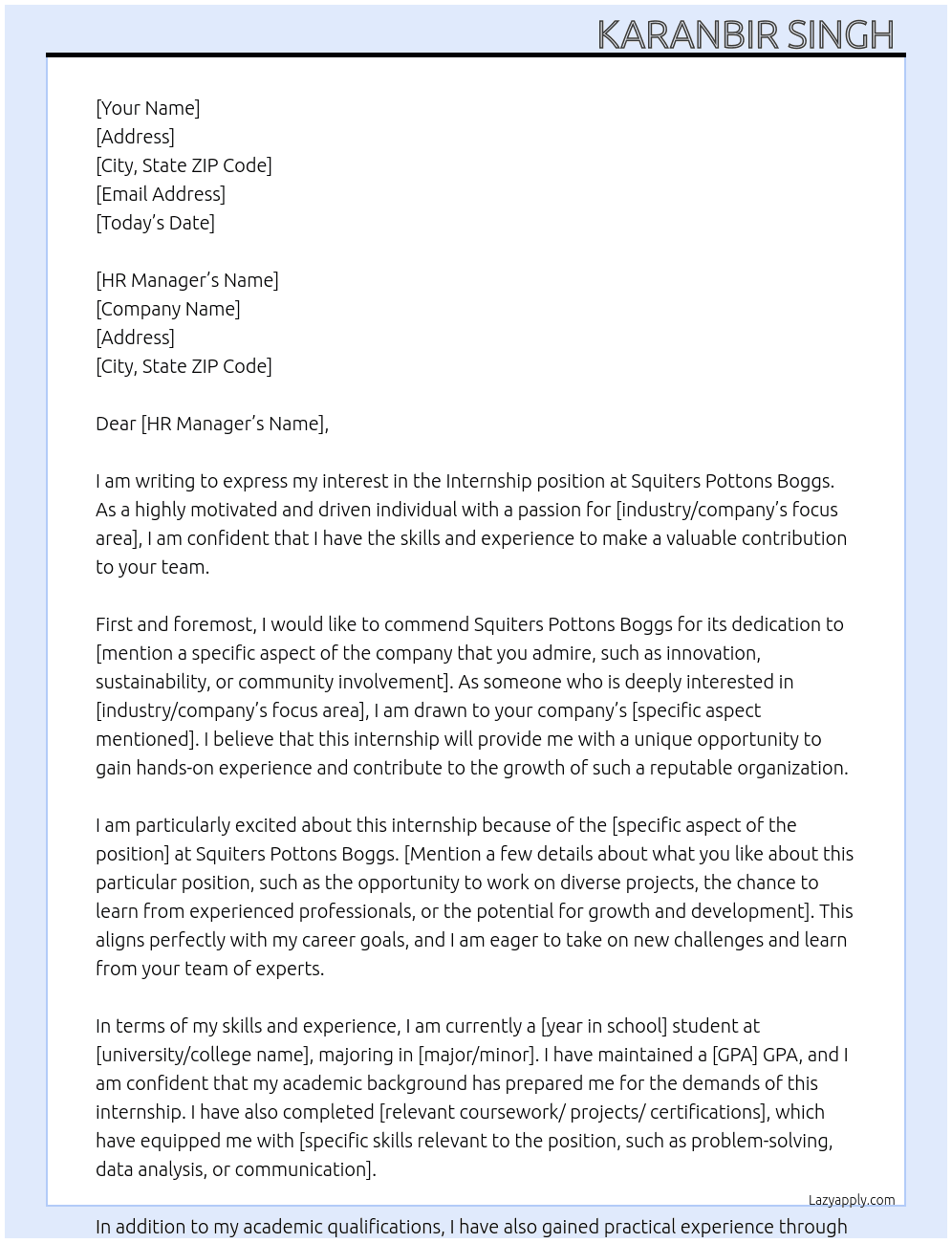 Internship At Squiters pottons boggs Cover Letter