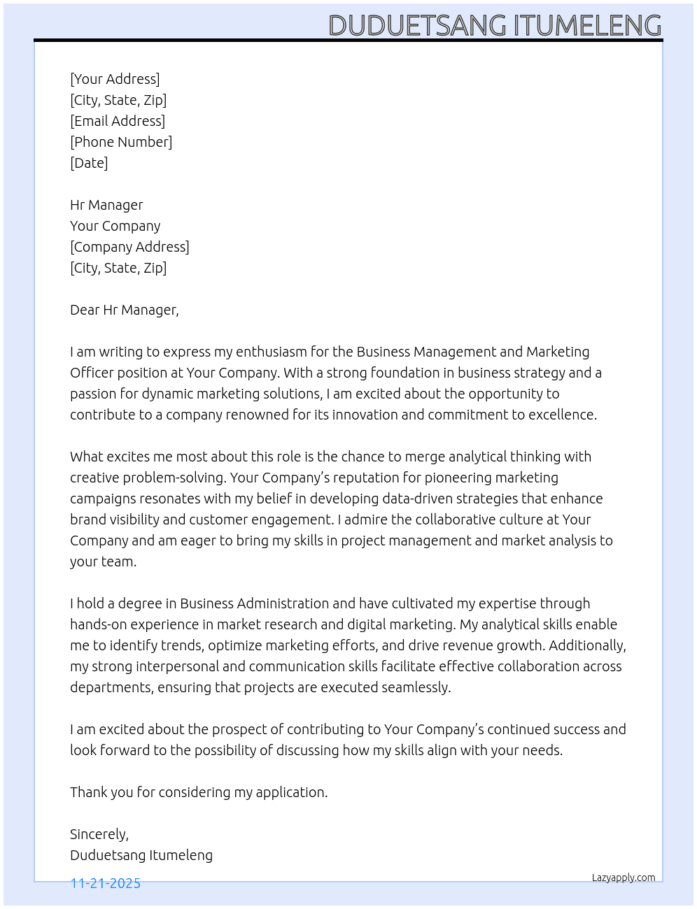 business management and marketing officer At Your company Cover Letter