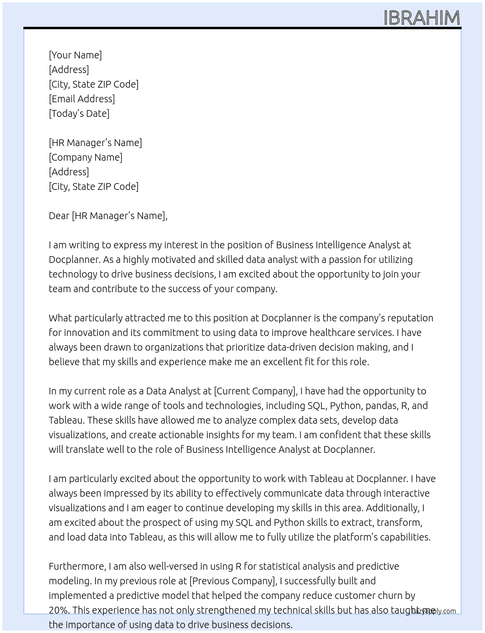 Business intelligence analyst At Docplanner Cover Letter