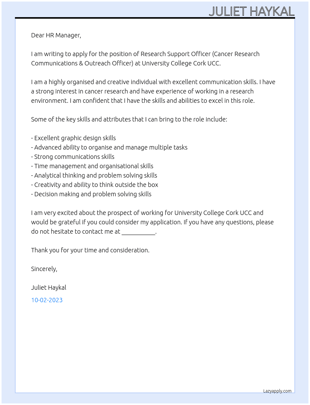 Research Support Officer (Cancer Research Communications & Outreach Officer At University College Cork UCC Cover Letter