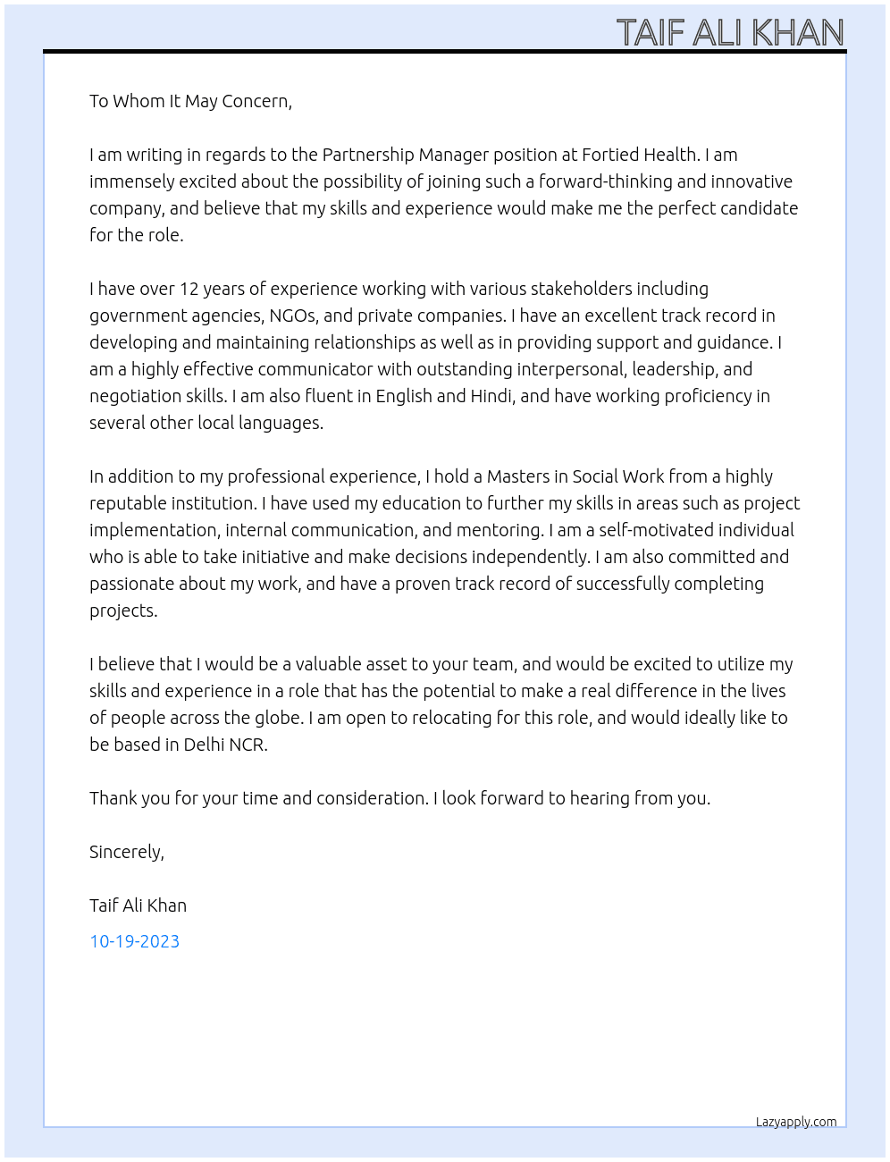 Partnership manager At Fortied Health Cover Letter