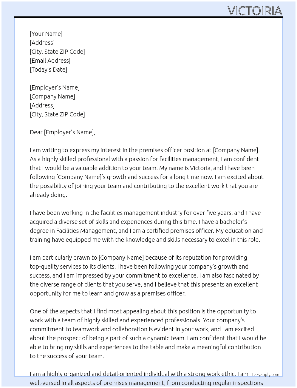 premieses officer At wqe Cover Letter