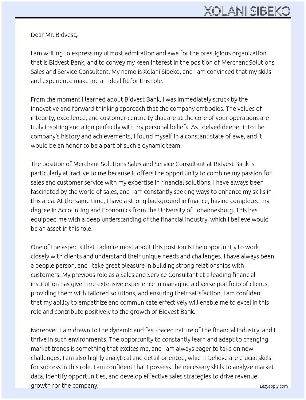 Merchant Solutions Sales and Service Consultant At Bidvest Bank Cover Letter