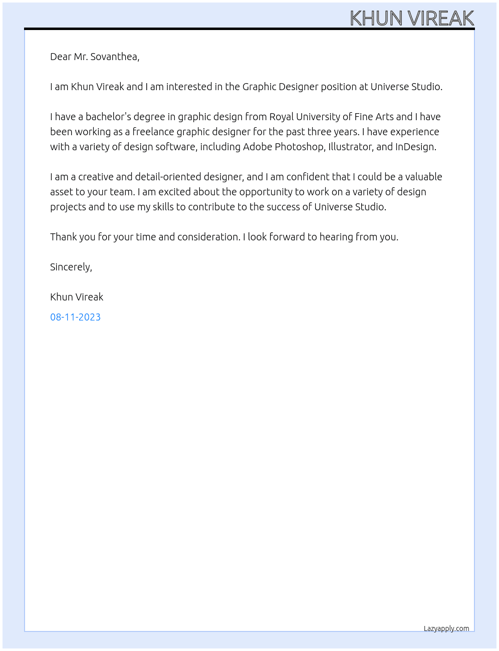 Graphic Designer At Universe Studio Cover Letter