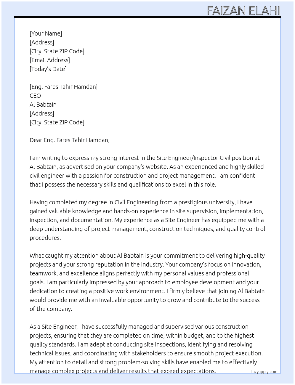 Site Engineer / Inspector Civil At Al Babtain  Cover Letter