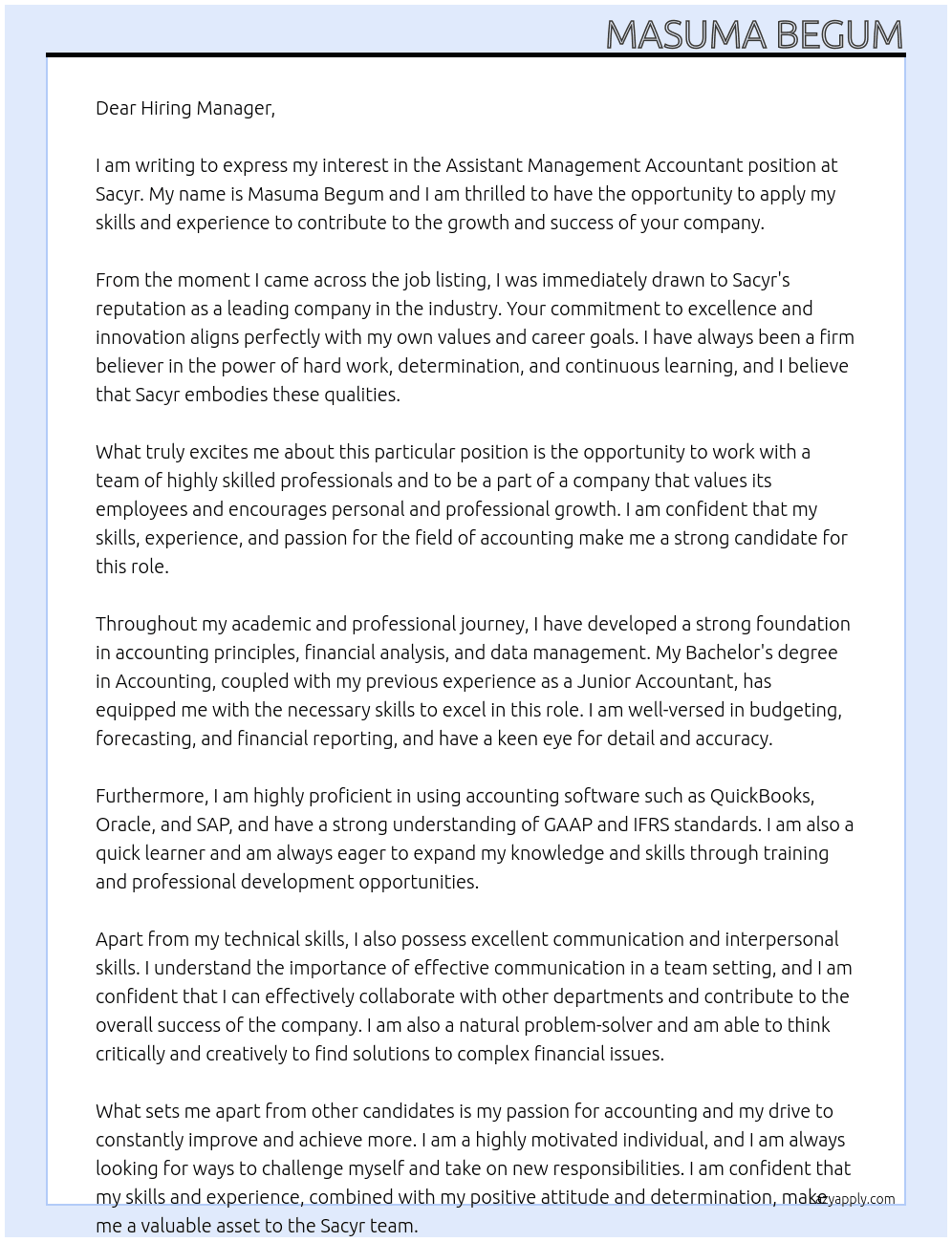 Assistant Management accountant At Sacyr Cover Letter