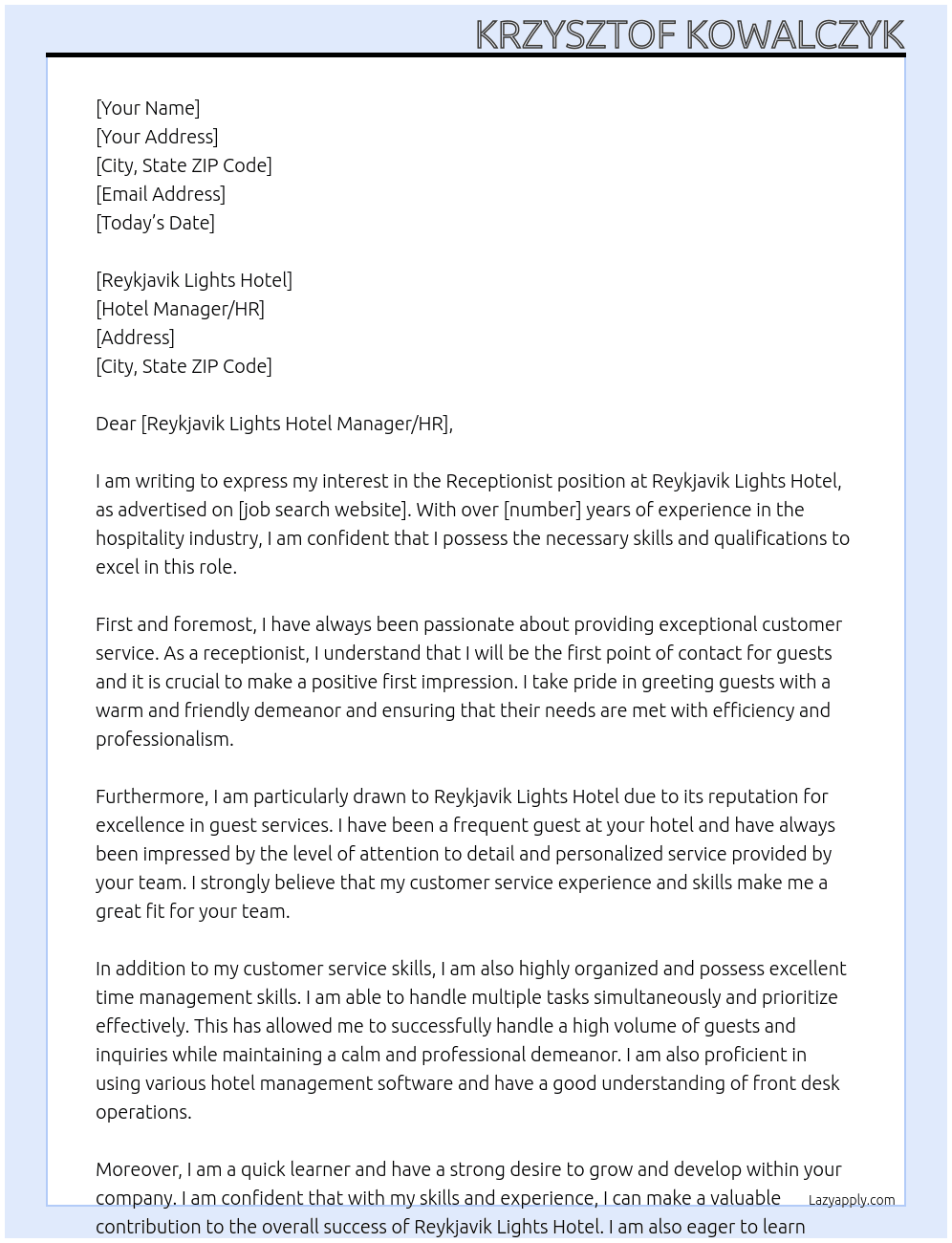 receptionist At Reykjavik Lights Hotel Cover Letter