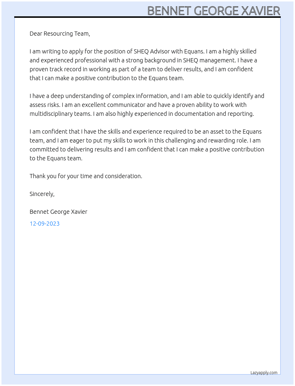 SHEQ Advisor At Equans,  Bouygues group company Cover Letter