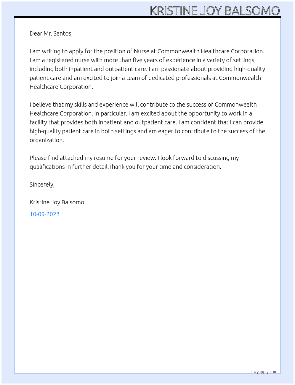 Nurse At Commonwealth Healthcare Corporation Cover Letter