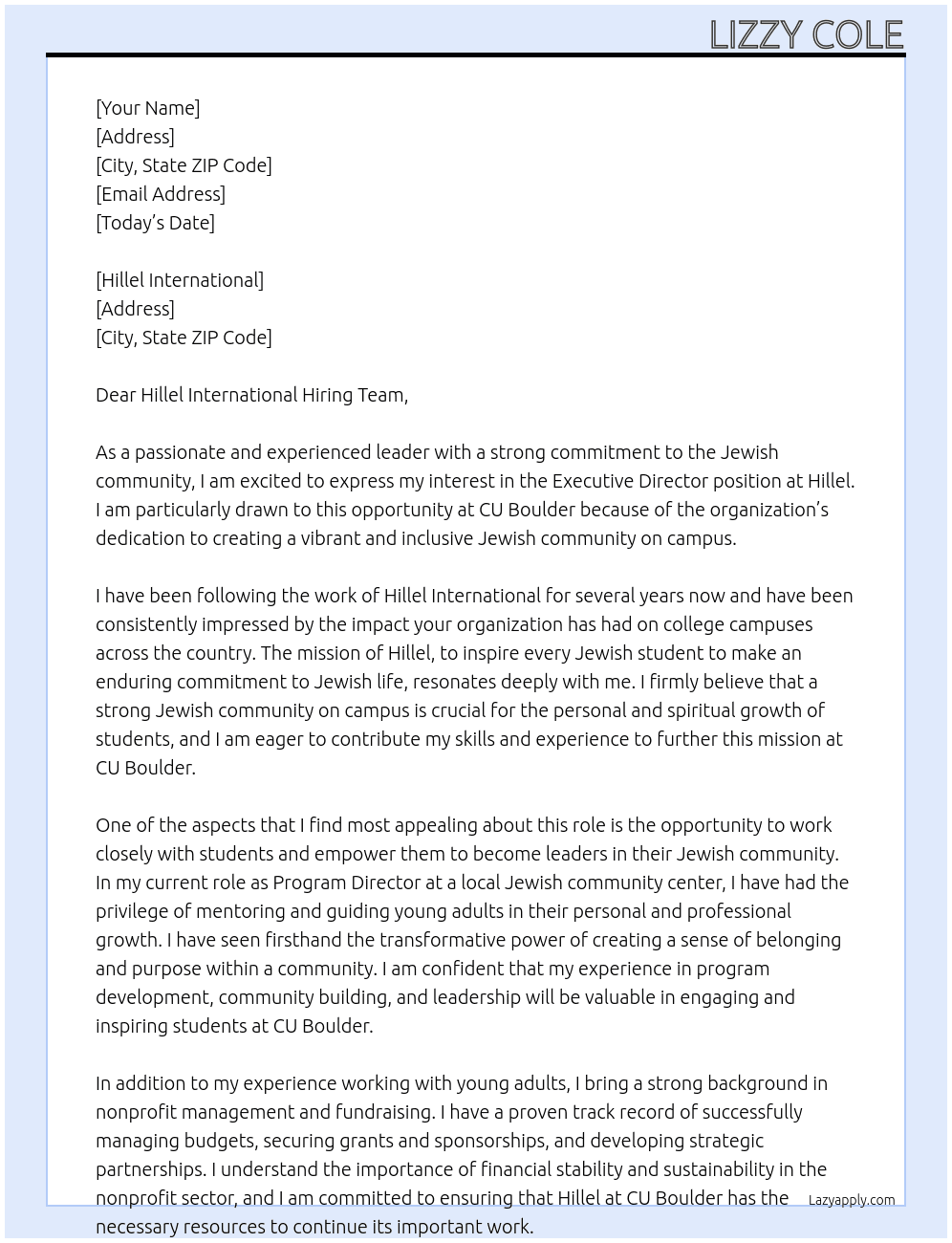 Executive Director of Hillel At CU Boulder Cover Letter