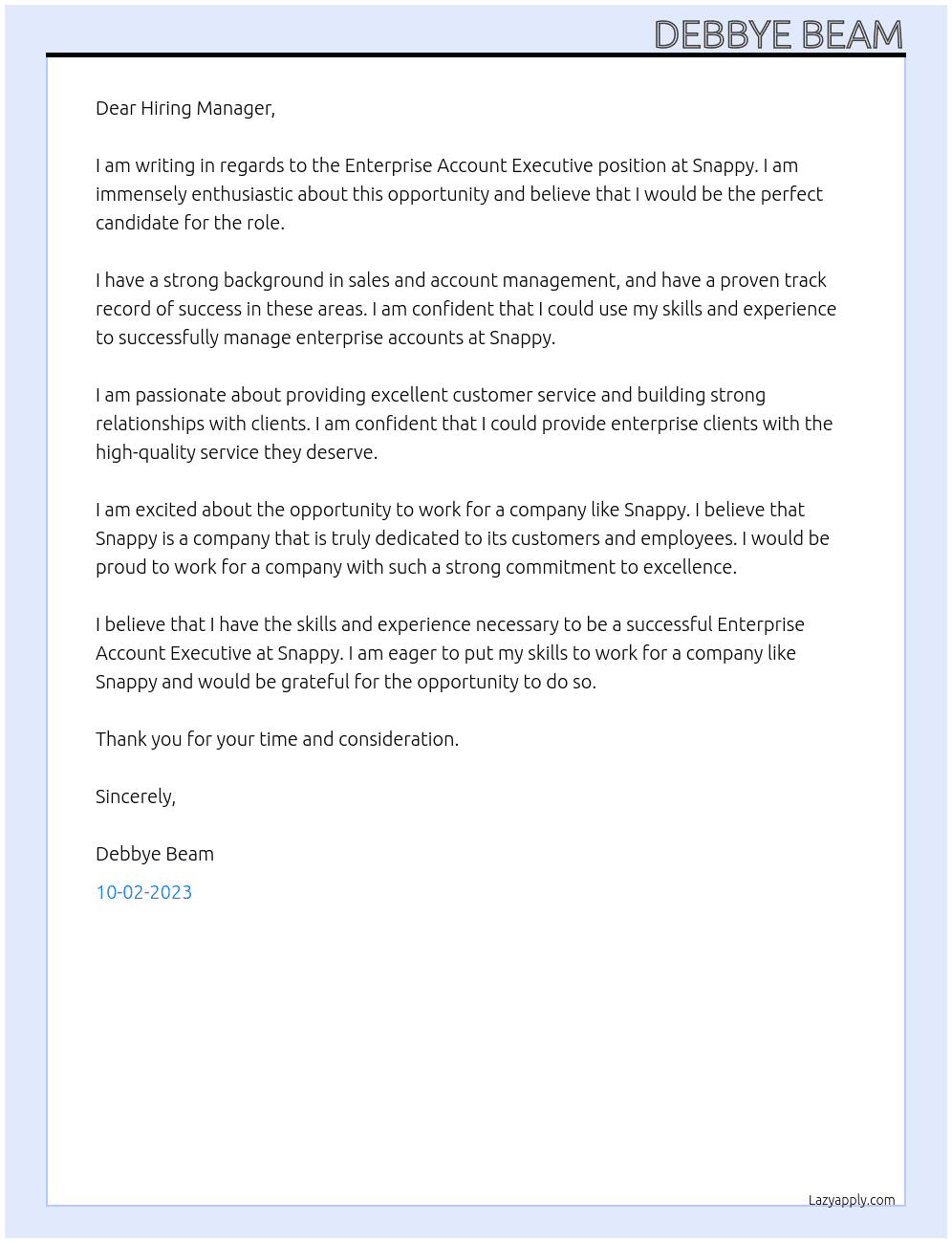 Enterprise Account Executive  At Snappy Cover Letter