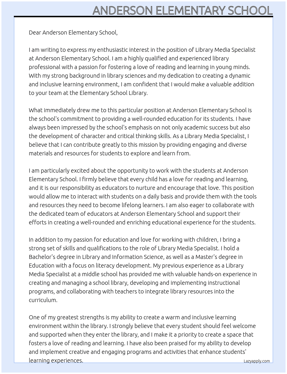 Library Media Specialist At Elementary School Library  Cover Letter