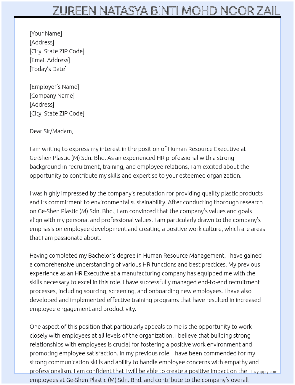 Human Resource Executive At Ge-Shen Plastic (M) Sdn. Bhd. Cover Letter