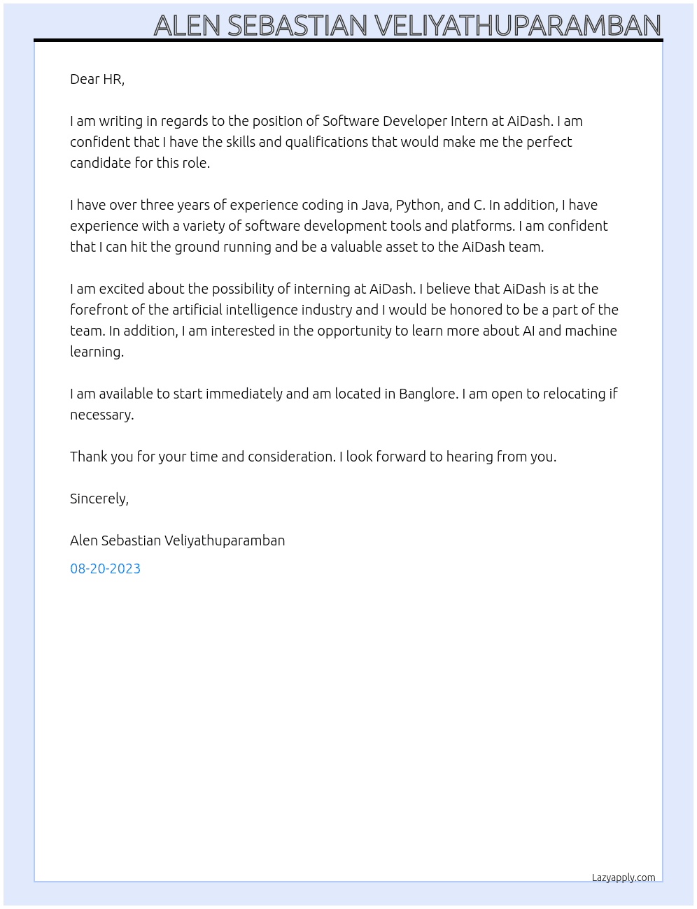 Software Developer Intern At AiDash Cover Letter