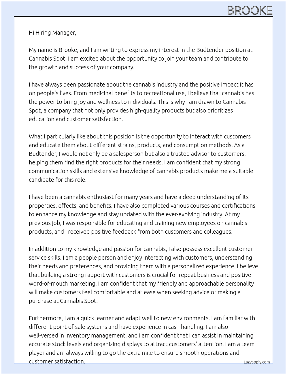 Budtender At Cannabis Spot Cover Letter