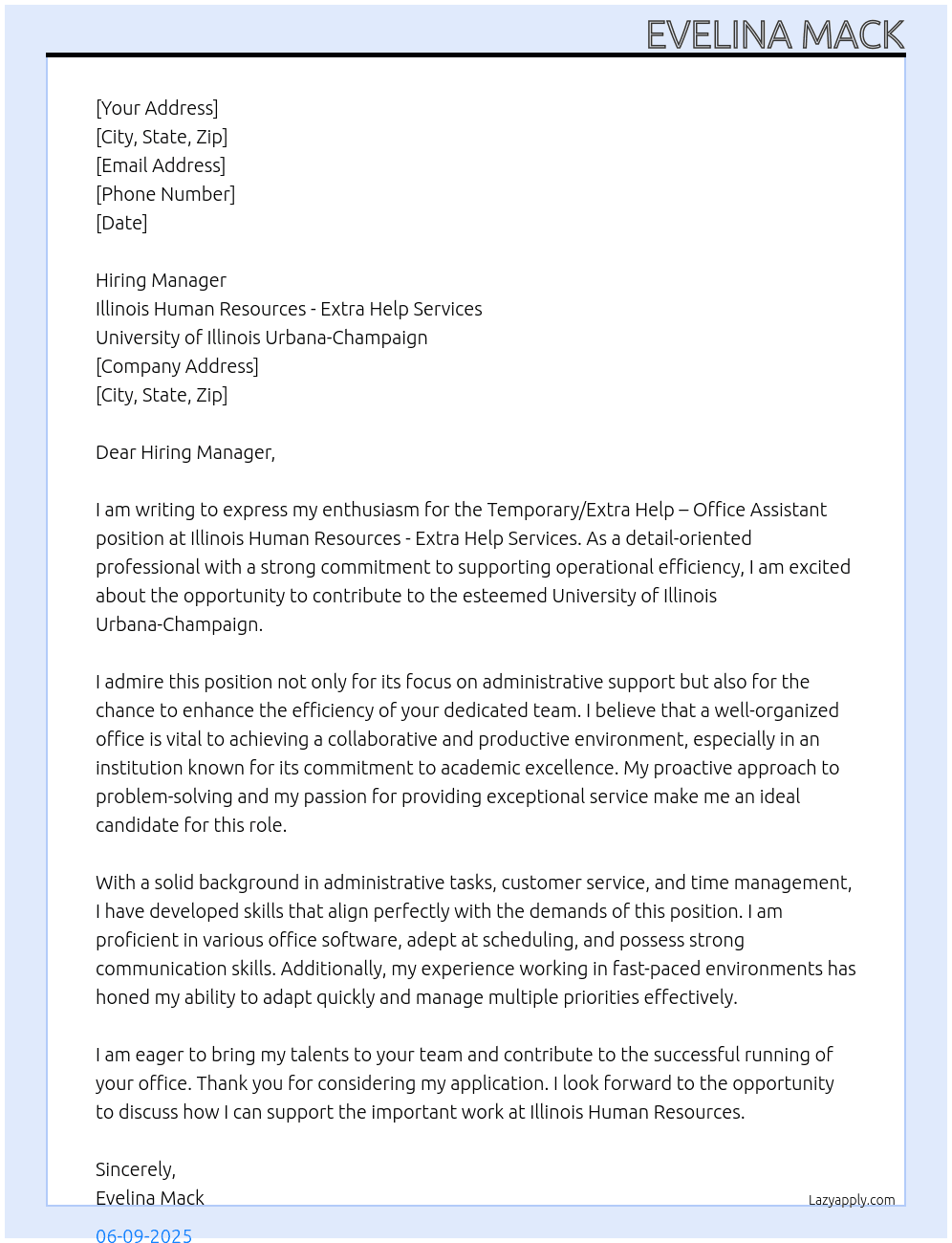 Cover letter for temporary/extra help – office assistant - LazyApply