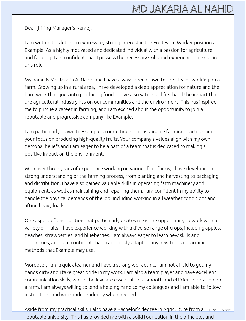 fruit farm worker At example Cover Letter