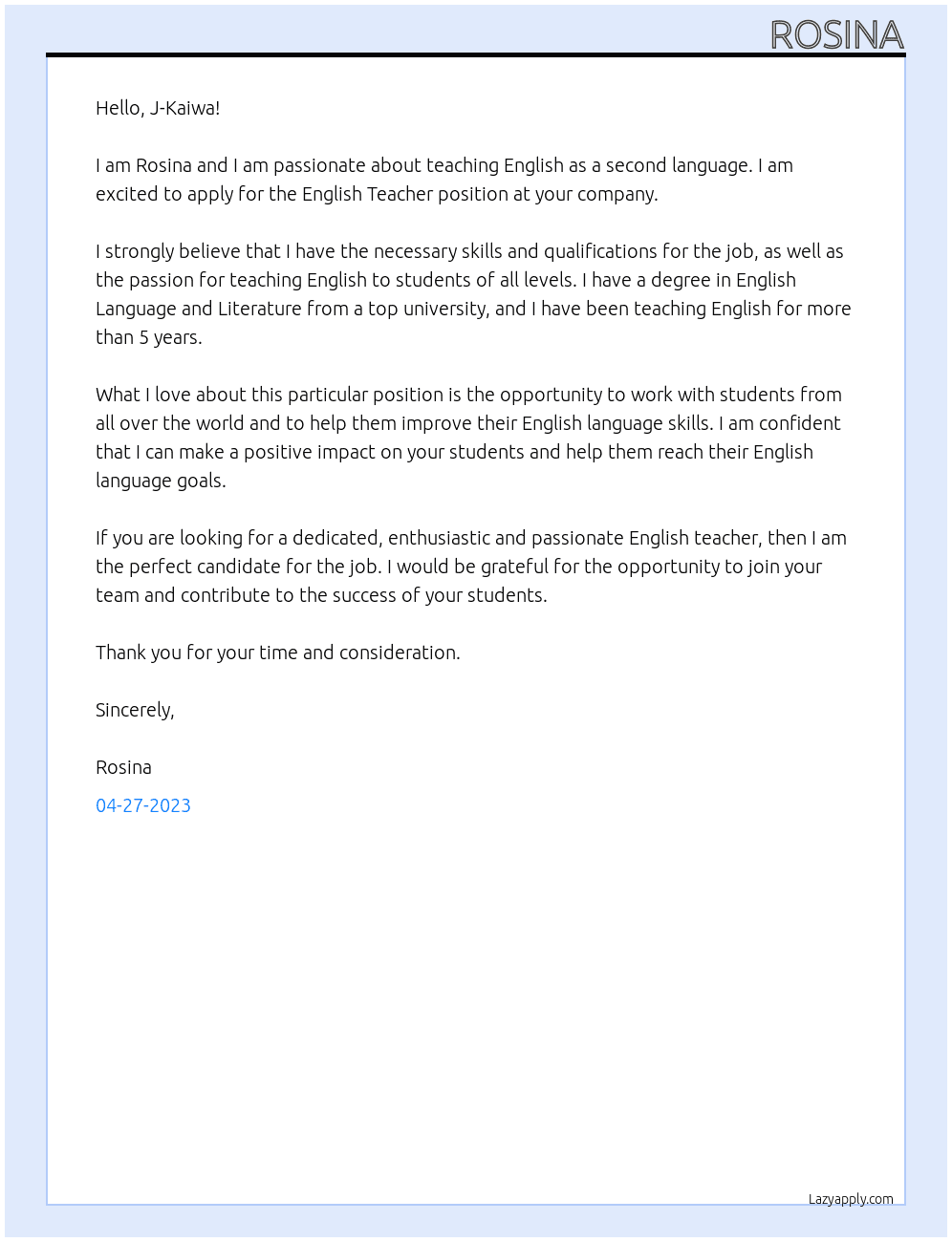 English Teacher At J-Kaiwa Cover Letter