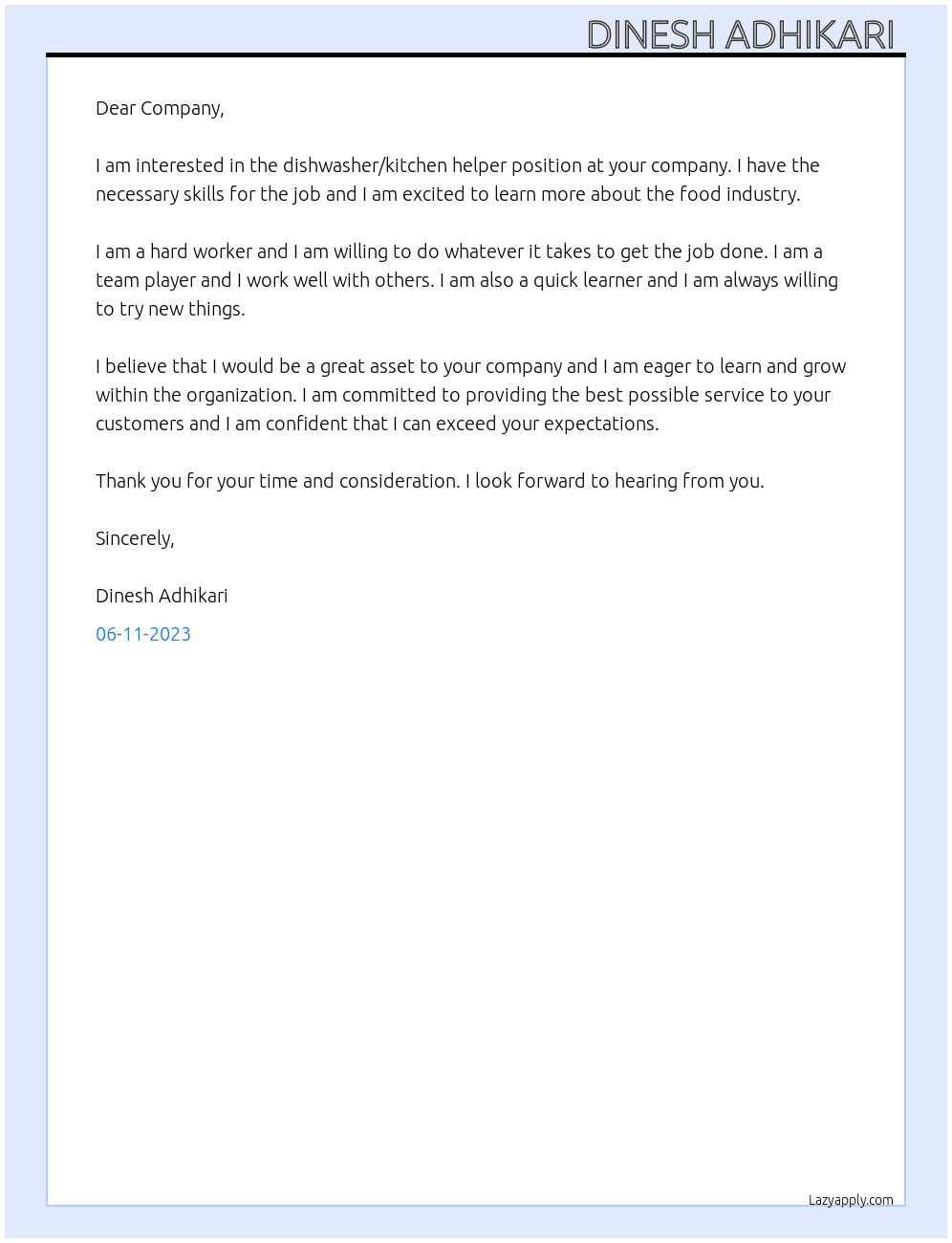 Dishwasher  At Company  Cover Letter