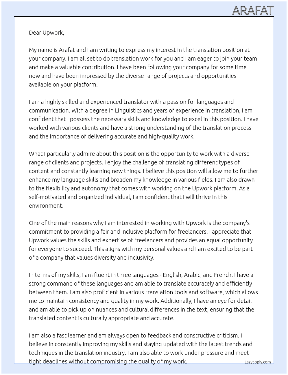 translation  At up work Cover Letter