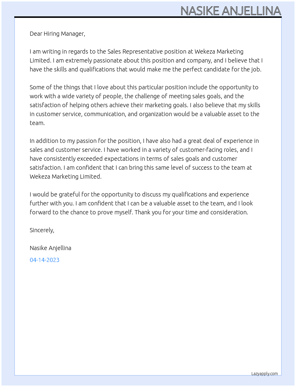 Sales Representative  At Wekeza Marketing Limited Cover Letter