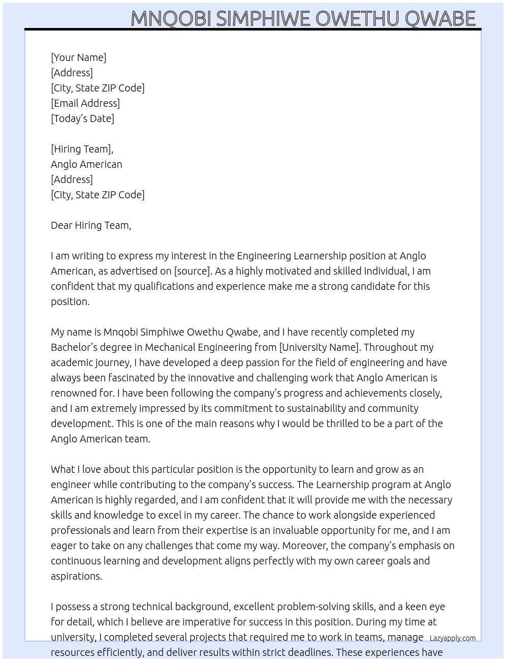 Engineering Learnership  At Anglo American  Cover Letter
