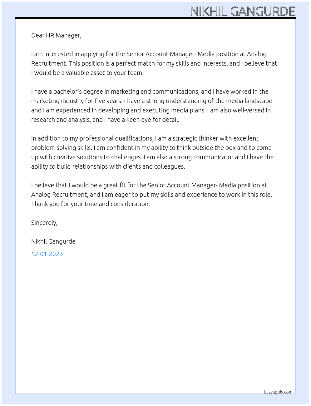 Senior Account Manager- Media At Analog Recruitment Cover Letter