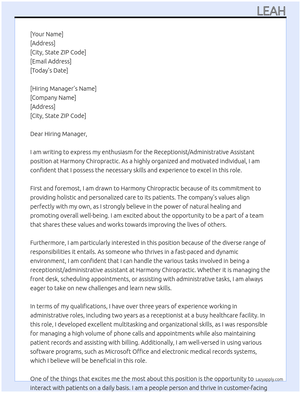 Receptionist/Administrative Assistant At Harmony Chiropractic Cover Letter