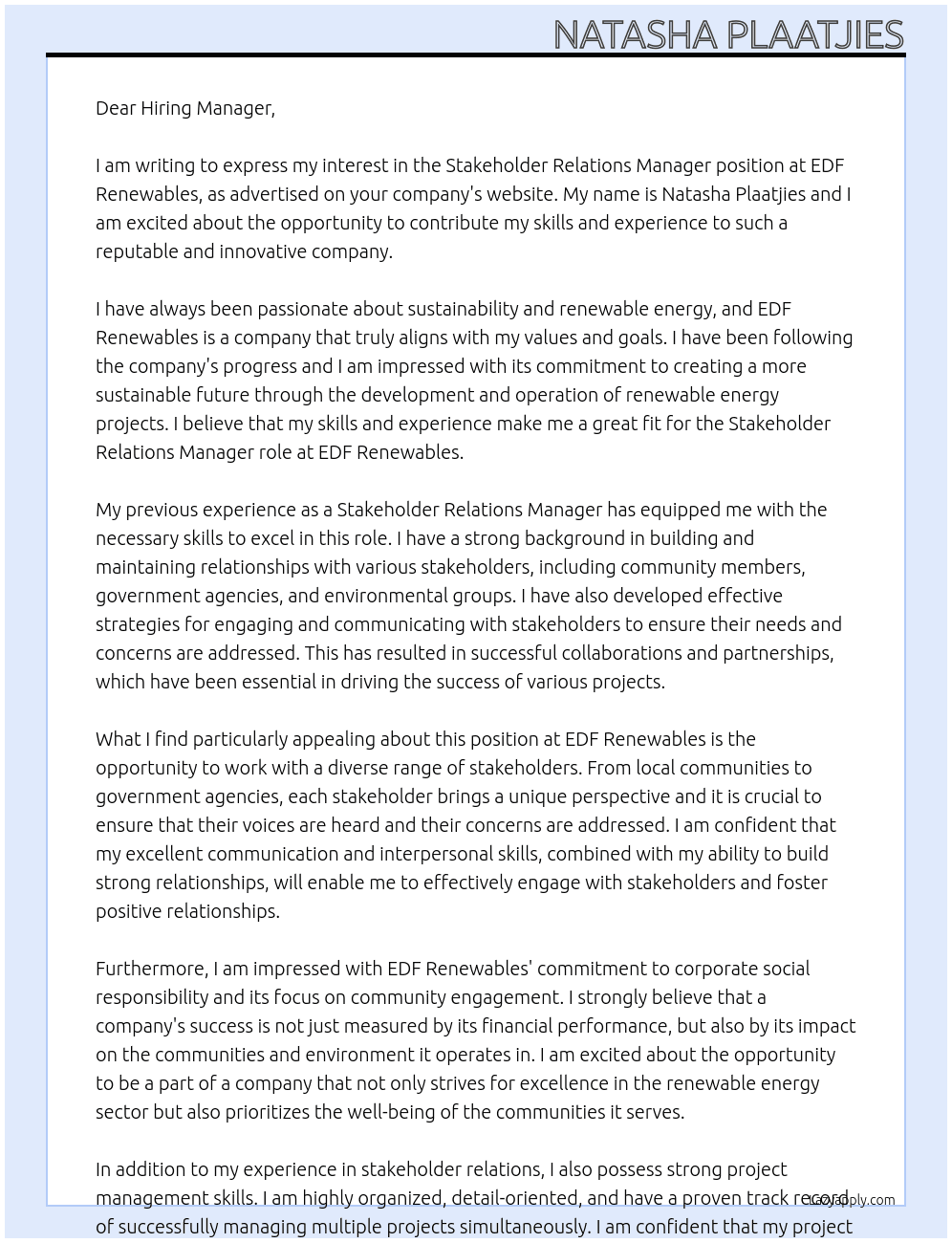 Stakeholder Relations Manager At EDF Renewables Cover Letter
